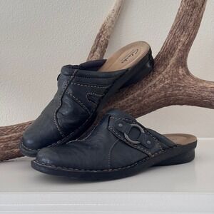 Clarks Bendables Black Leather Mules Slip On Clogs Buckle Detail Womens 9M 62783